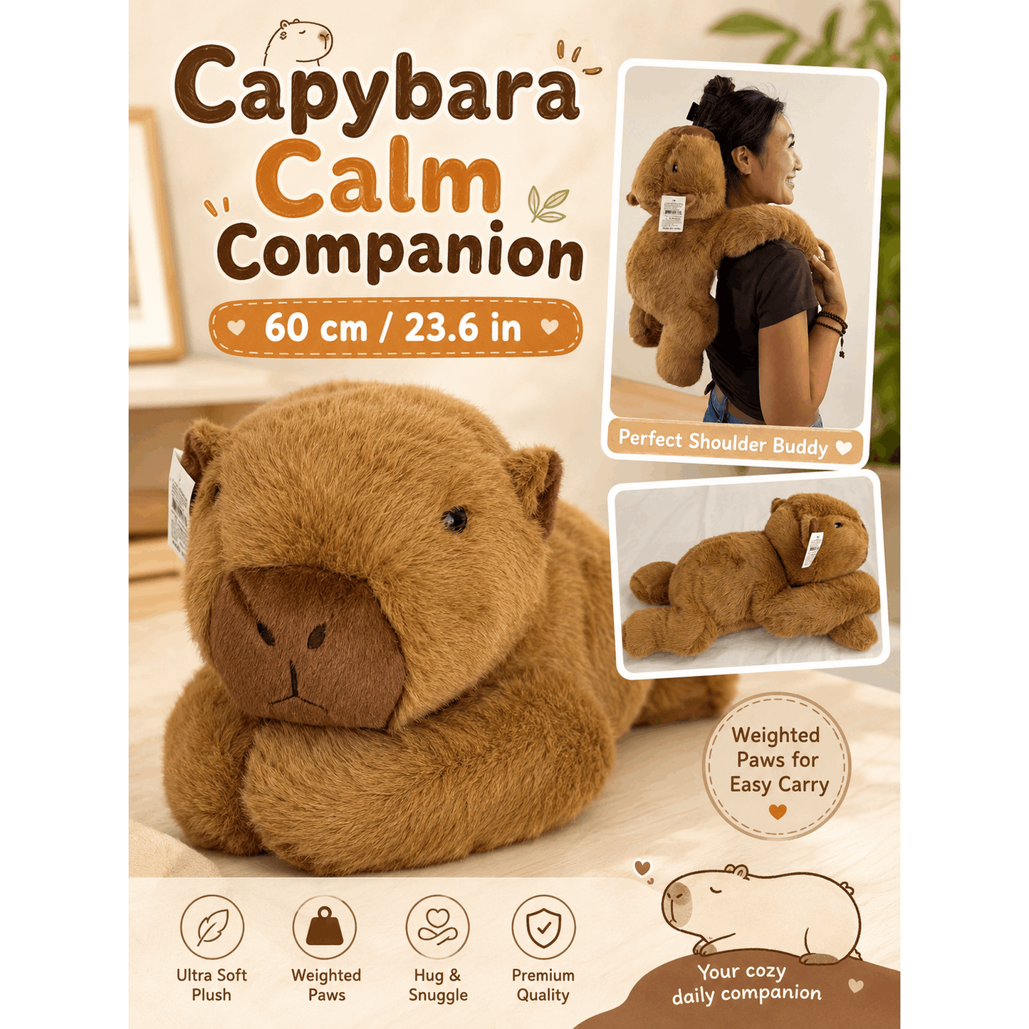 60cm Weighted Capybara Plush – Soft Calming Cuddle Toy
