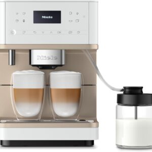 Automatic Coffee Maker with Milk Frother and Dual Cup Brewing, White Metallic