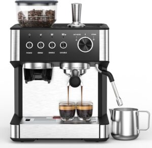 Espresso Machine with Built-In Grinder and Steam Wand, 20 Bar, Charcoal