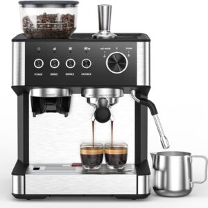 Espresso Machine with Built-In Grinder and Steam Wand, 20 Bar, Charcoal